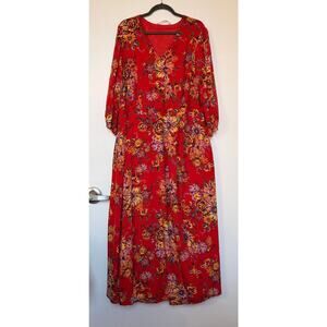 Wayward Fancies by eShakti Red Floral Maxi Dress Women’s 4X Long Sleeve Pockets